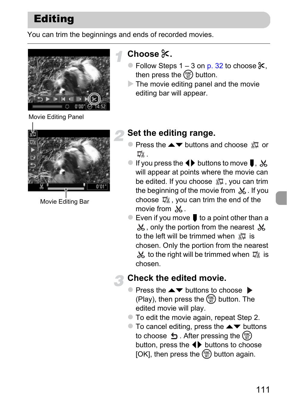 Editing, Choose, Set the editing range | Check the edited movie | Canon A3350 IS User Manual | Page 111 / 201