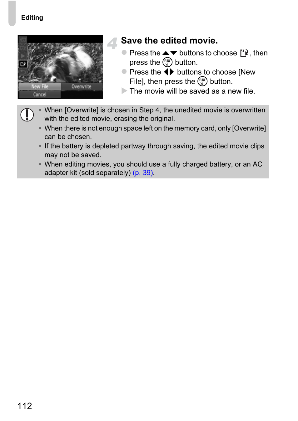 112 save the edited movie | Canon A3350 IS User Manual | Page 112 / 201