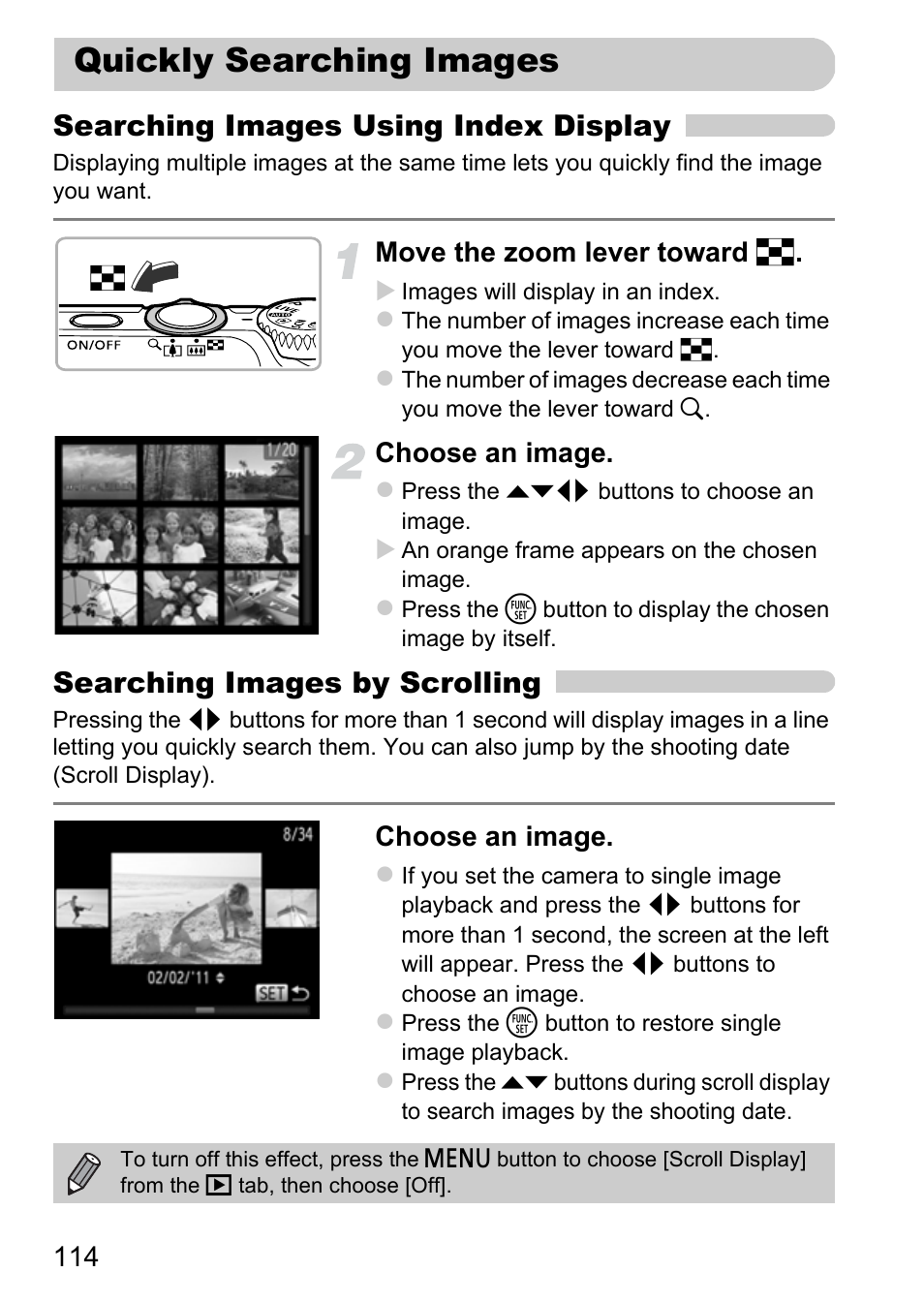 Quickly searching images, Pp. 114, Searching images using index display | Searching images by scrolling, Move the zoom lever toward g, Choose an image | Canon A3350 IS User Manual | Page 114 / 201