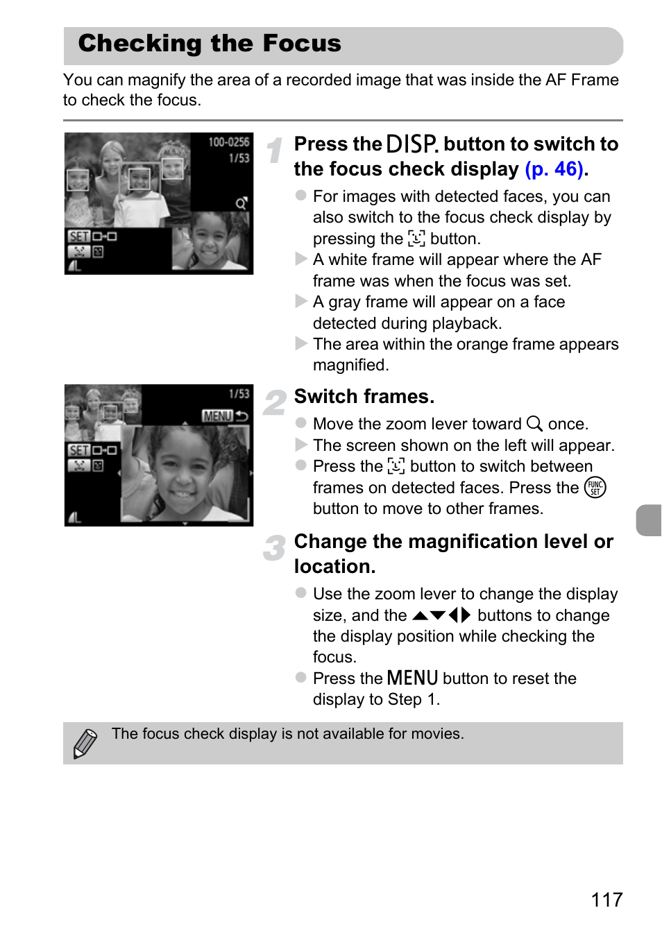 Checking the focus, Display, P. 117) | Canon A3350 IS User Manual | Page 117 / 201