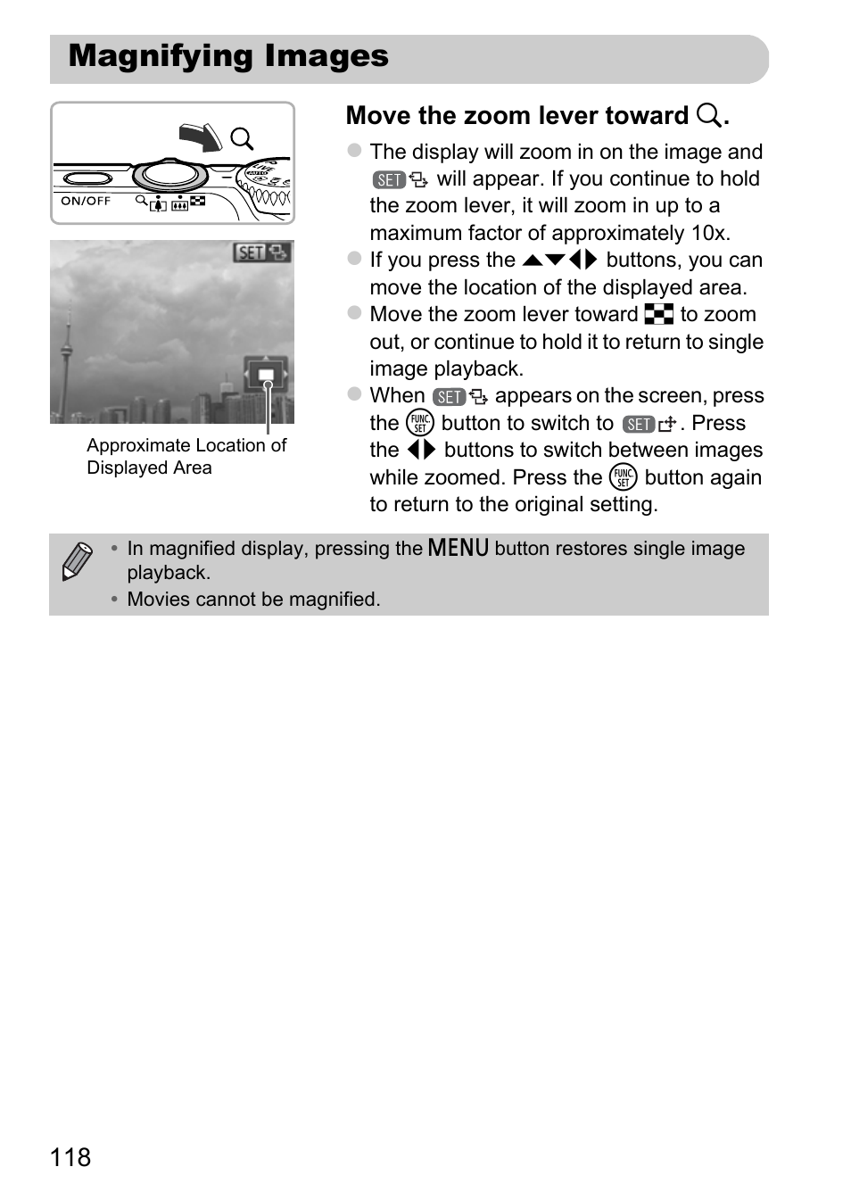 Magnifying images, 118 move the zoom lever toward k | Canon A3350 IS User Manual | Page 118 / 201
