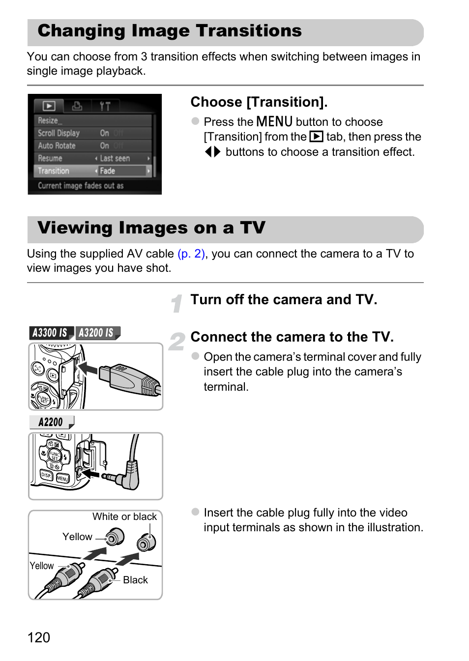 Changing image transitions, Viewing images on a tv, Changing image transitions viewing images on a tv | P. 120), Choose [transition | Canon A3350 IS User Manual | Page 120 / 201