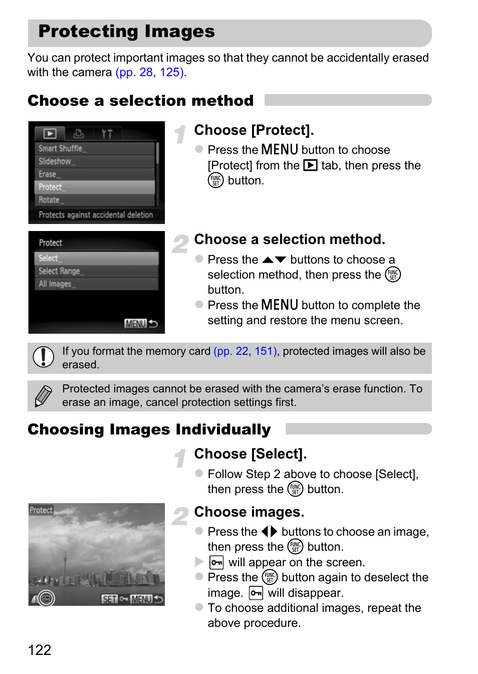 Protecting images, Choose a selection method, Choosing images individually | Choose [protect, Choose [select, Choose images | Canon A3350 IS User Manual | Page 122 / 201