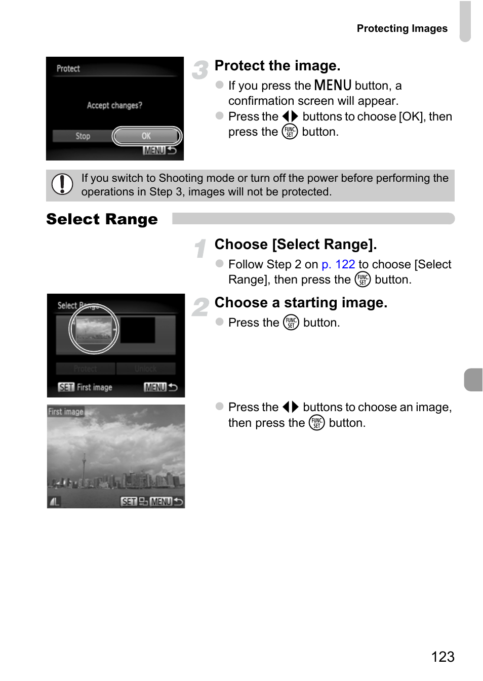 Select range, 123 protect the image, Choose [select range | Choose a starting image | Canon A3350 IS User Manual | Page 123 / 201