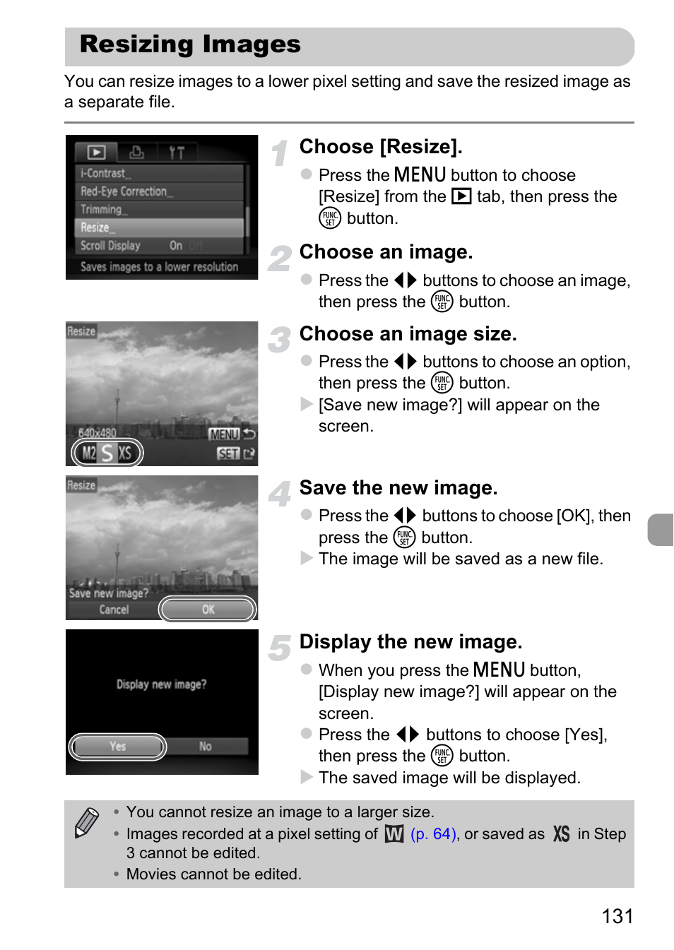 Resizing images, Pp. 131, Choose [resize | Choose an image, Choose an image size, Save the new image, Display the new image | Canon A3350 IS User Manual | Page 131 / 201