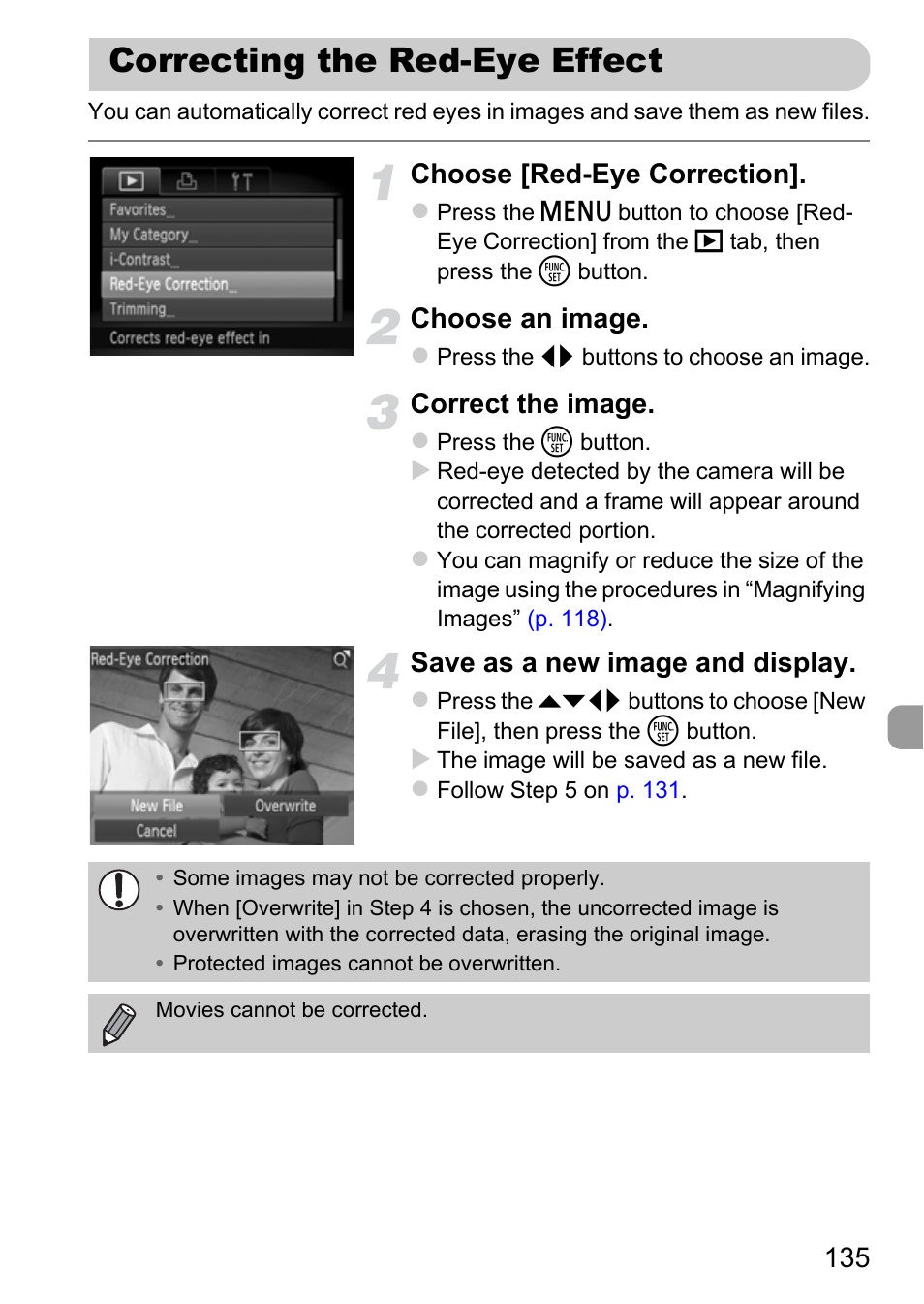 Correcting the red-eye effect, Choose [red-eye correction, Choose an image | Correct the image, Save as a new image and display | Canon A3350 IS User Manual | Page 135 / 201