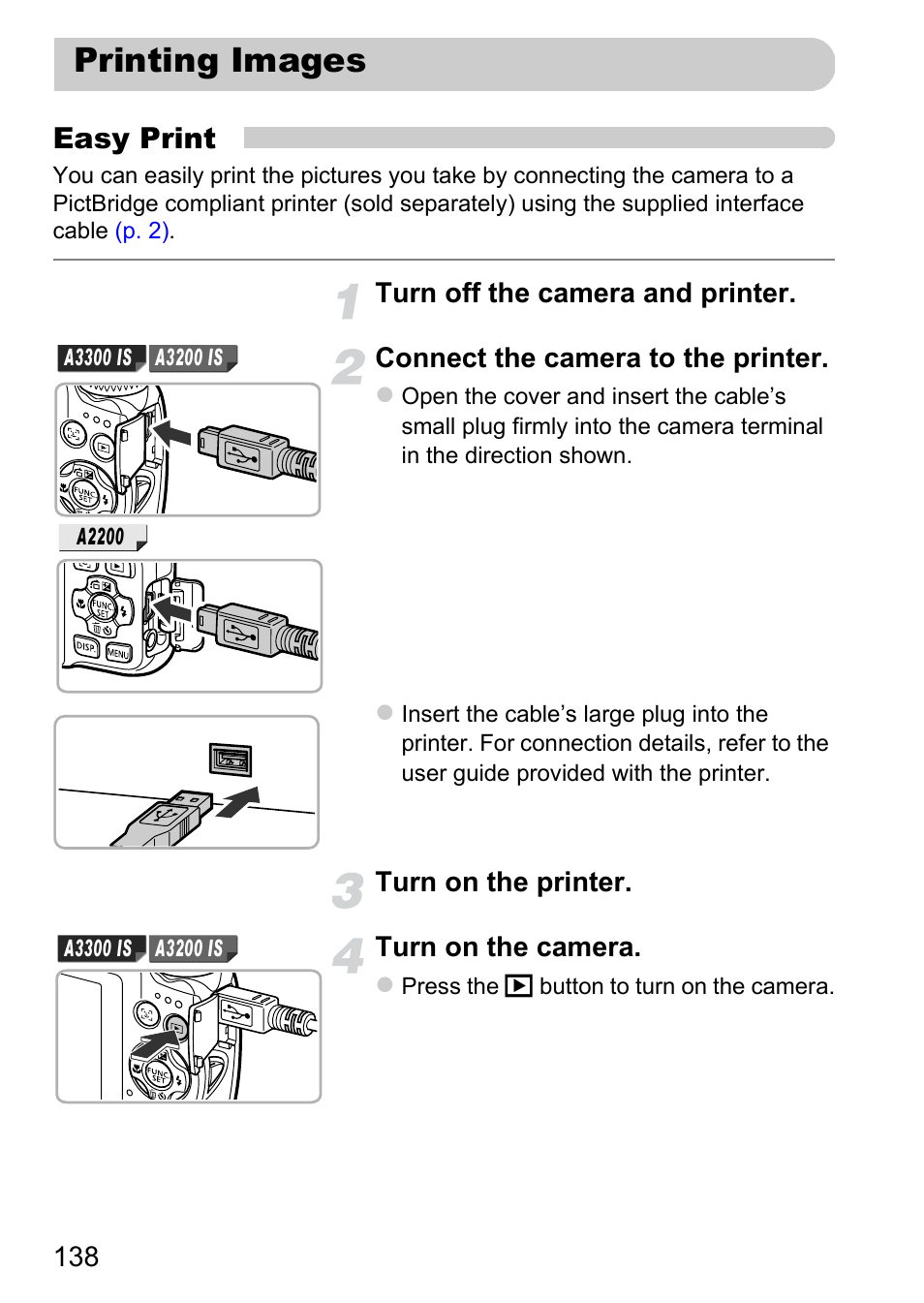 Printing images, Easy print | Canon A3350 IS User Manual | Page 138 / 201