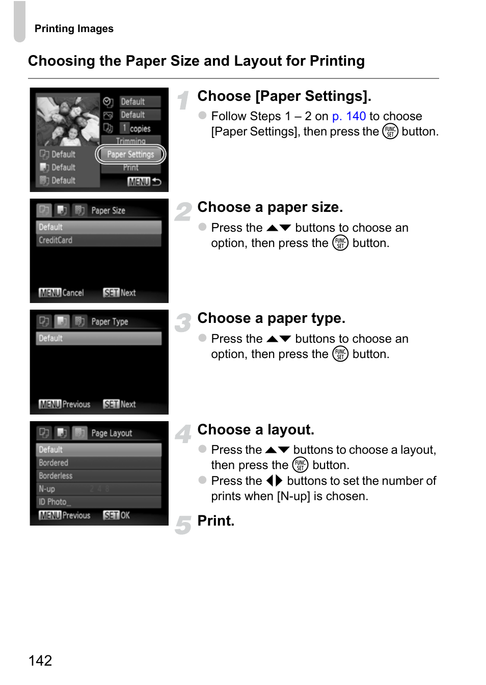 Choose a paper size, Choose a paper type, Choose a layout | Print | Canon A3350 IS User Manual | Page 142 / 201