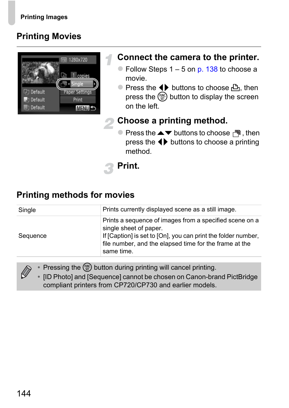 Choose a printing method, Print. printing methods for movies | Canon A3350 IS User Manual | Page 144 / 201