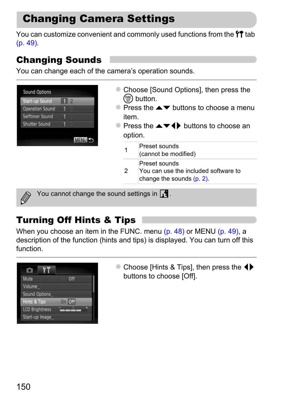 Changing camera settings, Changing sounds, Turning off hints & tips | Canon A3350 IS User Manual | Page 150 / 201