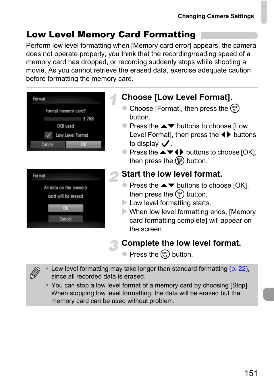 Choose [low level format, Start the low level format, Complete the low level format | Canon A3350 IS User Manual | Page 151 / 201