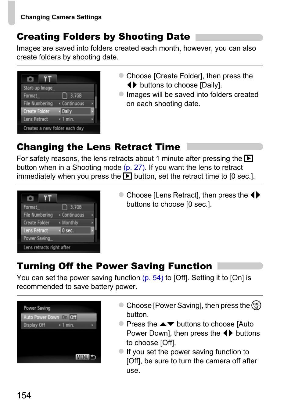 P. 154), Creating folders by shooting date, Changing the lens retract time | Turning off the power saving function | Canon A3350 IS User Manual | Page 154 / 201
