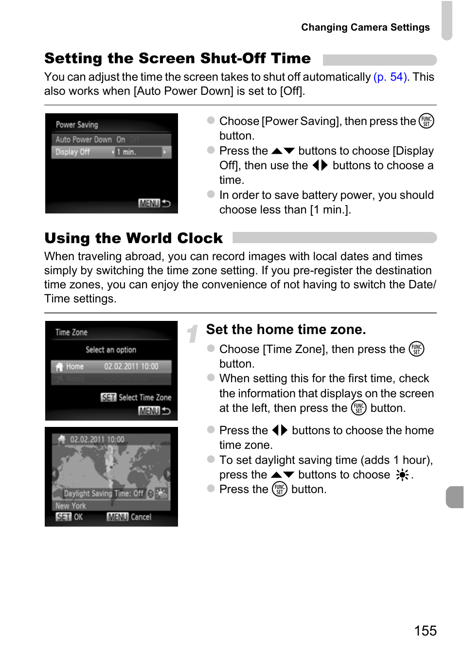 P. 155), Setting the screen shut-off time, Using the world clock | Set the home time zone | Canon A3350 IS User Manual | Page 155 / 201