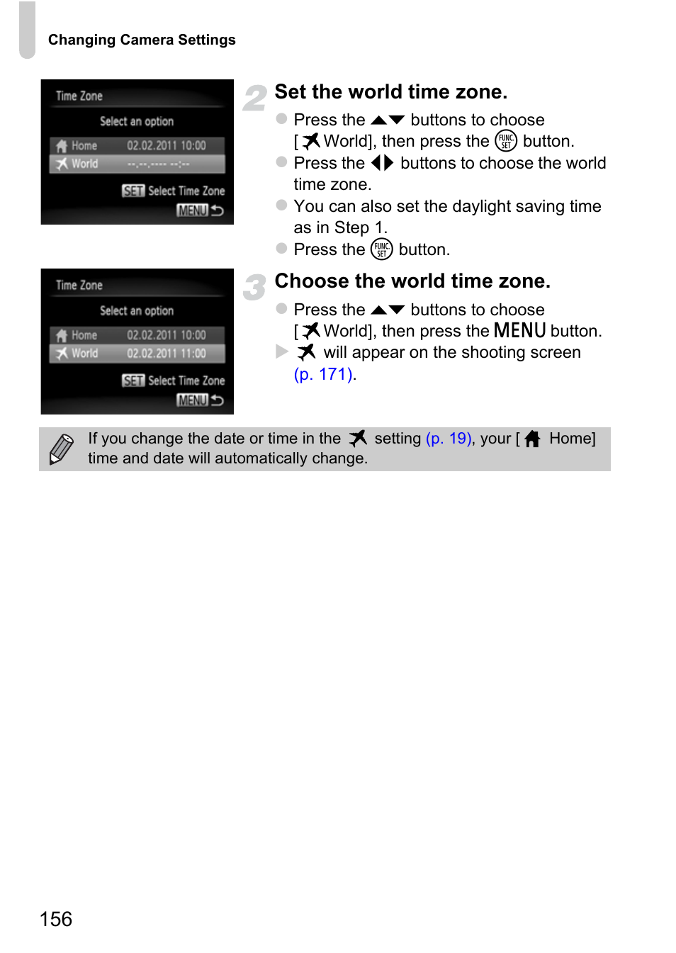 156 set the world time zone, Choose the world time zone | Canon A3350 IS User Manual | Page 156 / 201