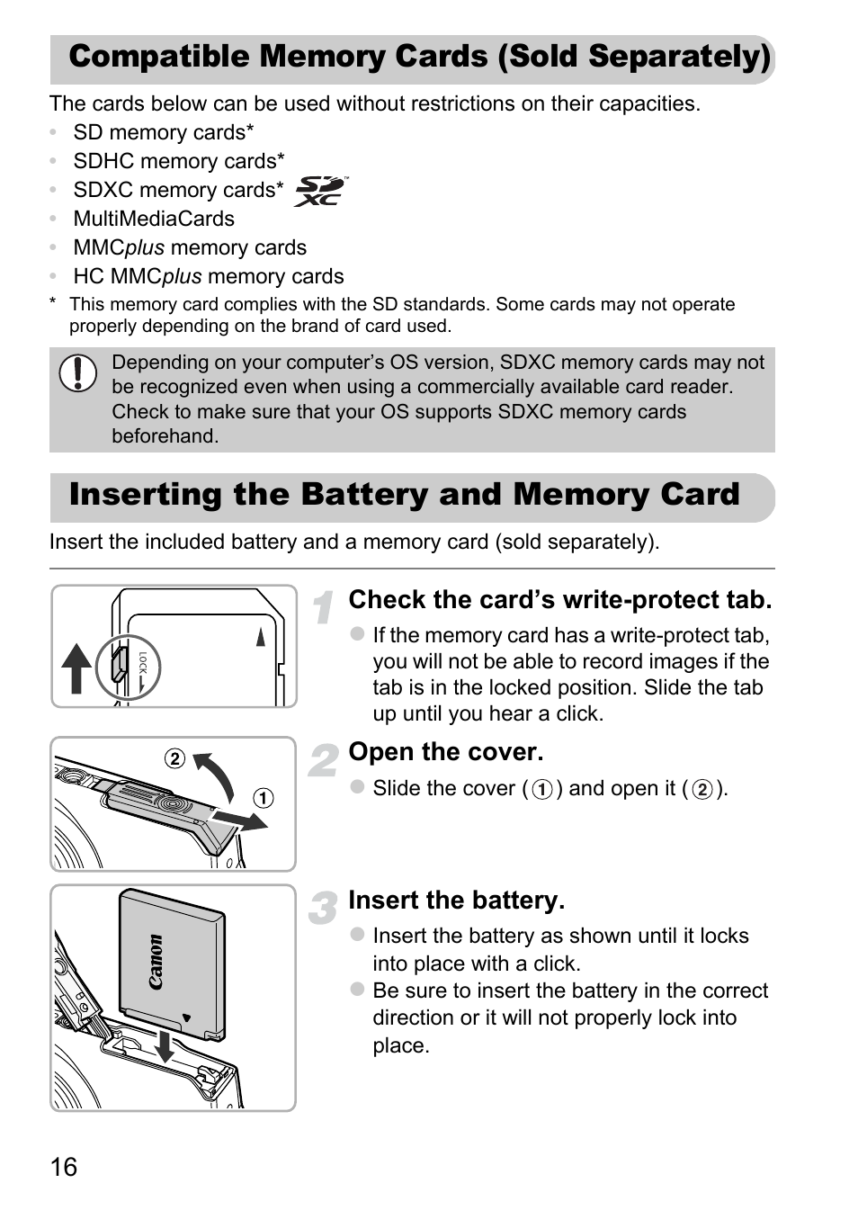 Compatible memory cards (sold separately), Inserting the battery and memory card, Compatible memory cards | Sold separately), Inserting the battery and memory, Card, Check the card’s write-protect tab, Open the cover, Insert the battery | Canon A3350 IS User Manual | Page 16 / 201