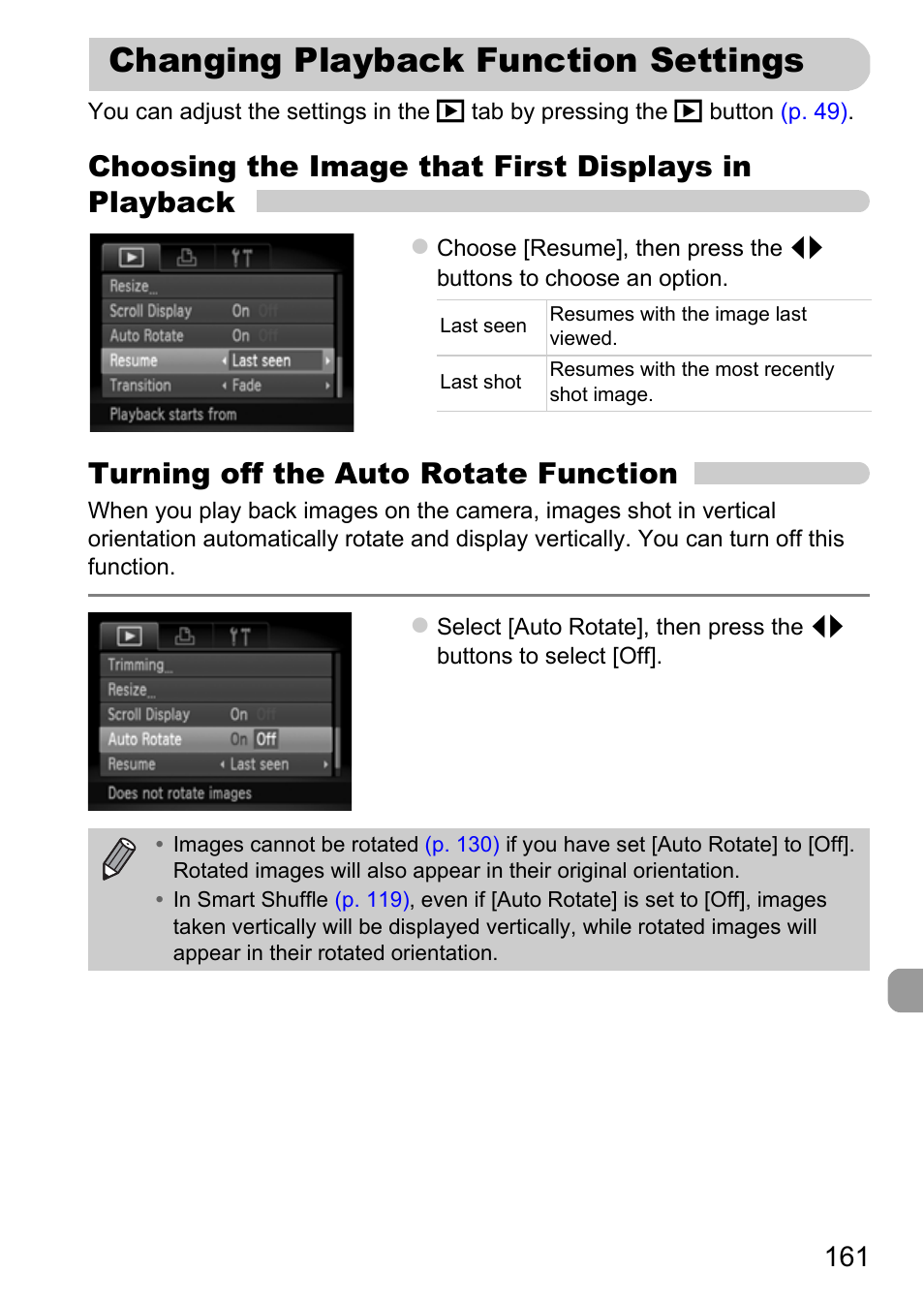 Changing playback function settings, Changing playback function, Settings | Choosing the image that first displays in playback, Turning off the auto rotate function | Canon A3350 IS User Manual | Page 161 / 201