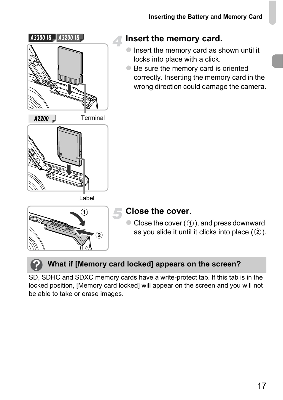Close the cover | Canon A3350 IS User Manual | Page 17 / 201