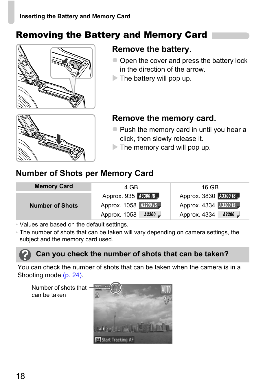 Remove the battery | Canon A3350 IS User Manual | Page 18 / 201