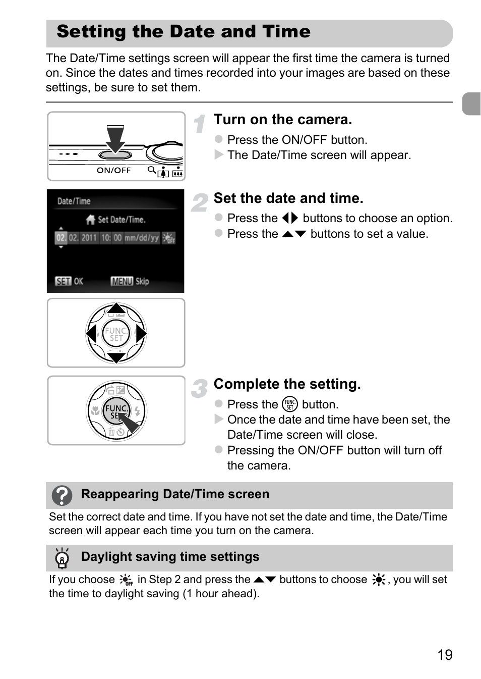Setting the date and time, Turn on the camera, Set the date and time | Complete the setting | Canon A3350 IS User Manual | Page 19 / 201