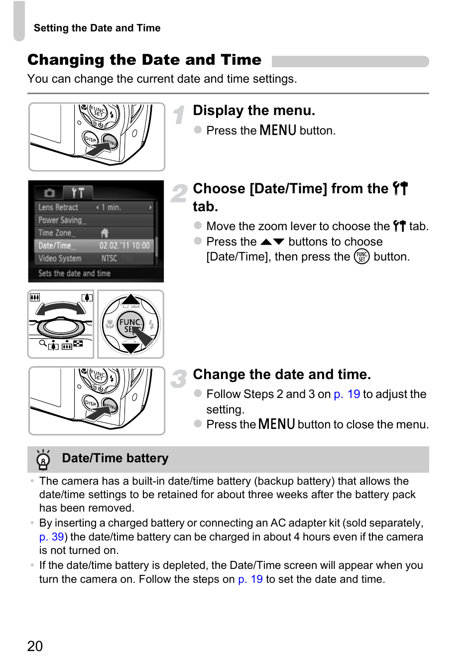 Changing the date and time, Display the menu, Choose [date/time] from the 3 tab | Change the date and time | Canon A3350 IS User Manual | Page 20 / 201