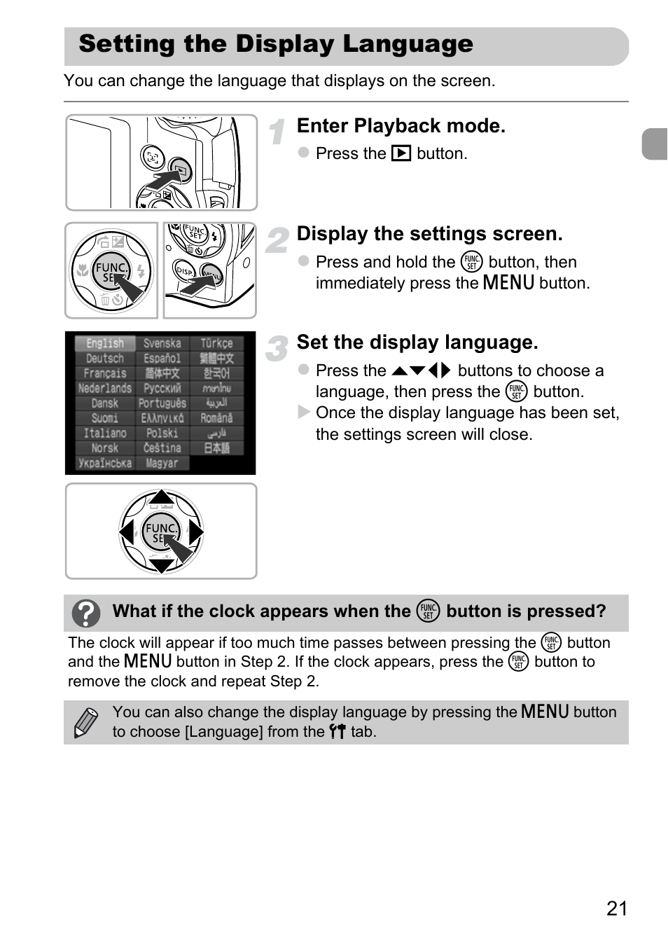 Setting the display language, Enter playback mode, Display the settings screen | Set the display language | Canon A3350 IS User Manual | Page 21 / 201