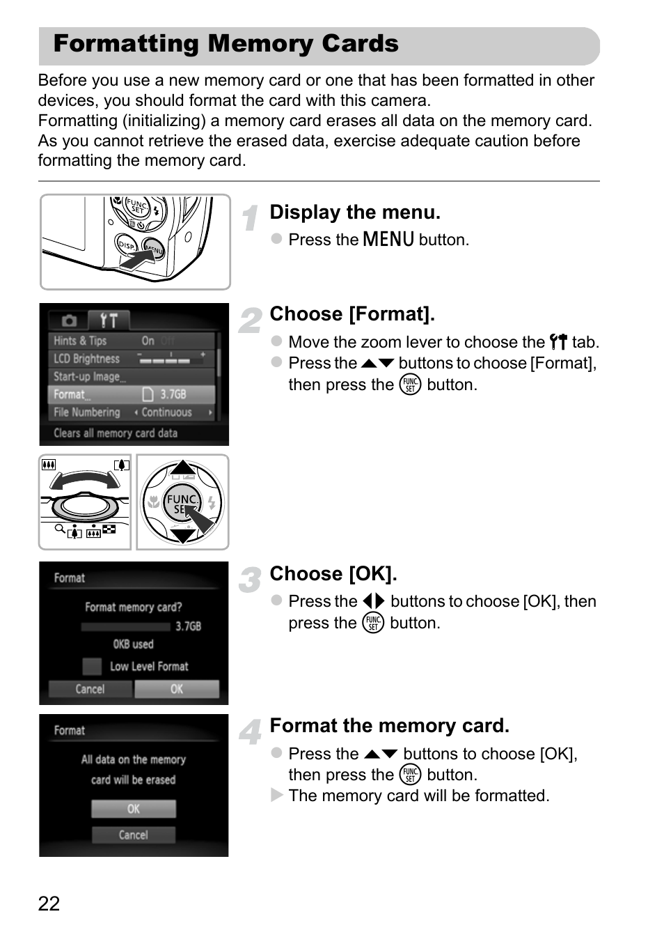 Formatting memory cards | Canon A3350 IS User Manual | Page 22 / 201