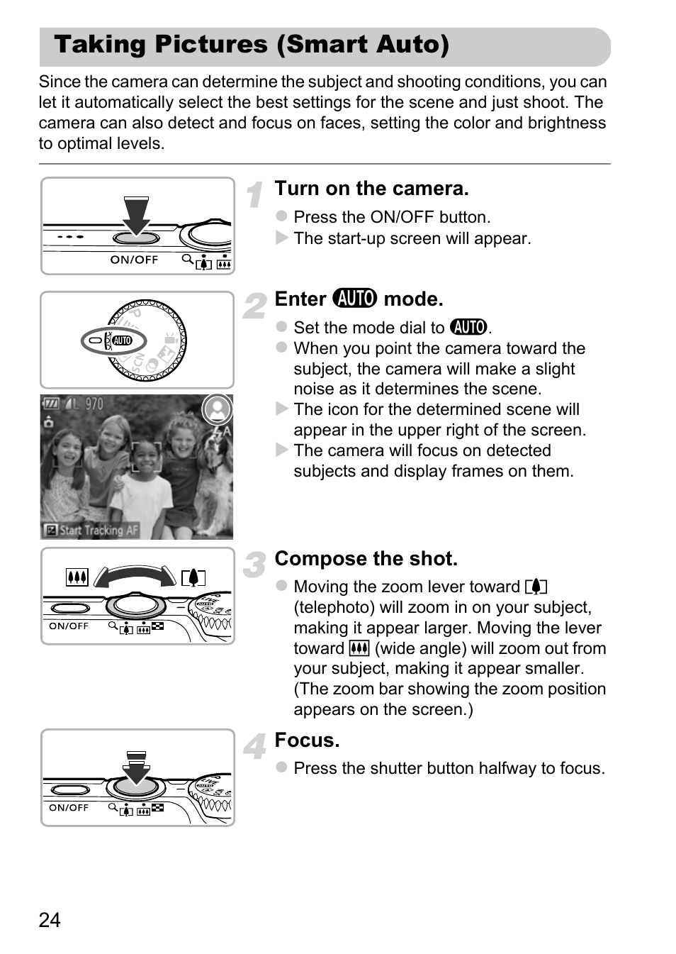 Taking pictures (smart auto) | Canon A3350 IS User Manual | Page 24 / 201