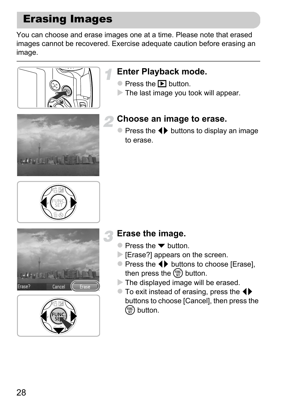 Erasing images, Enter playback mode, Choose an image to erase | Erase the image | Canon A3350 IS User Manual | Page 28 / 201