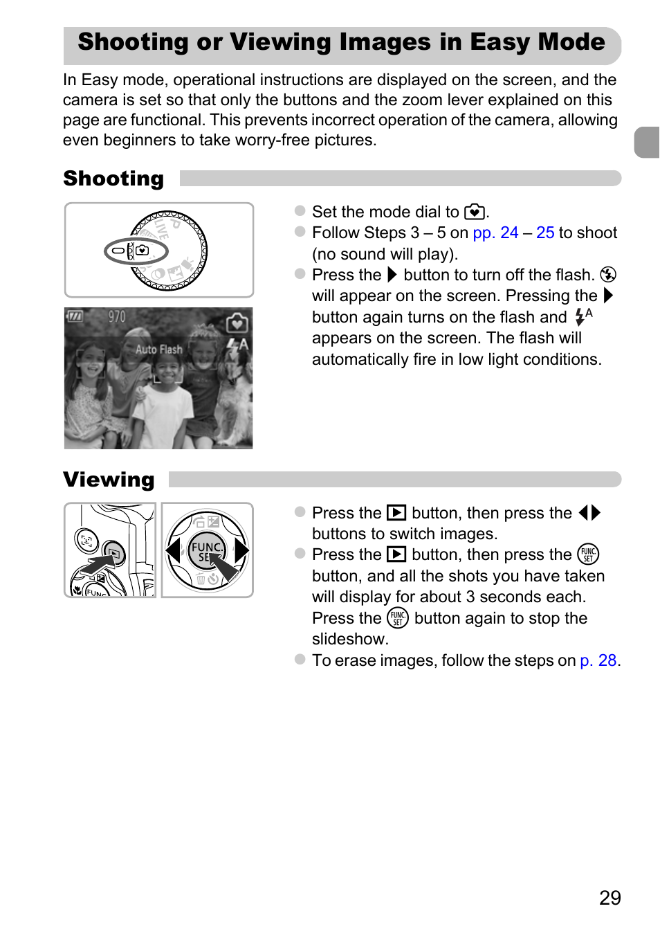 Shooting or viewing images in easy mode, Shooting or viewing images in, Easy mode | Shooting, Viewing | Canon A3350 IS User Manual | Page 29 / 201