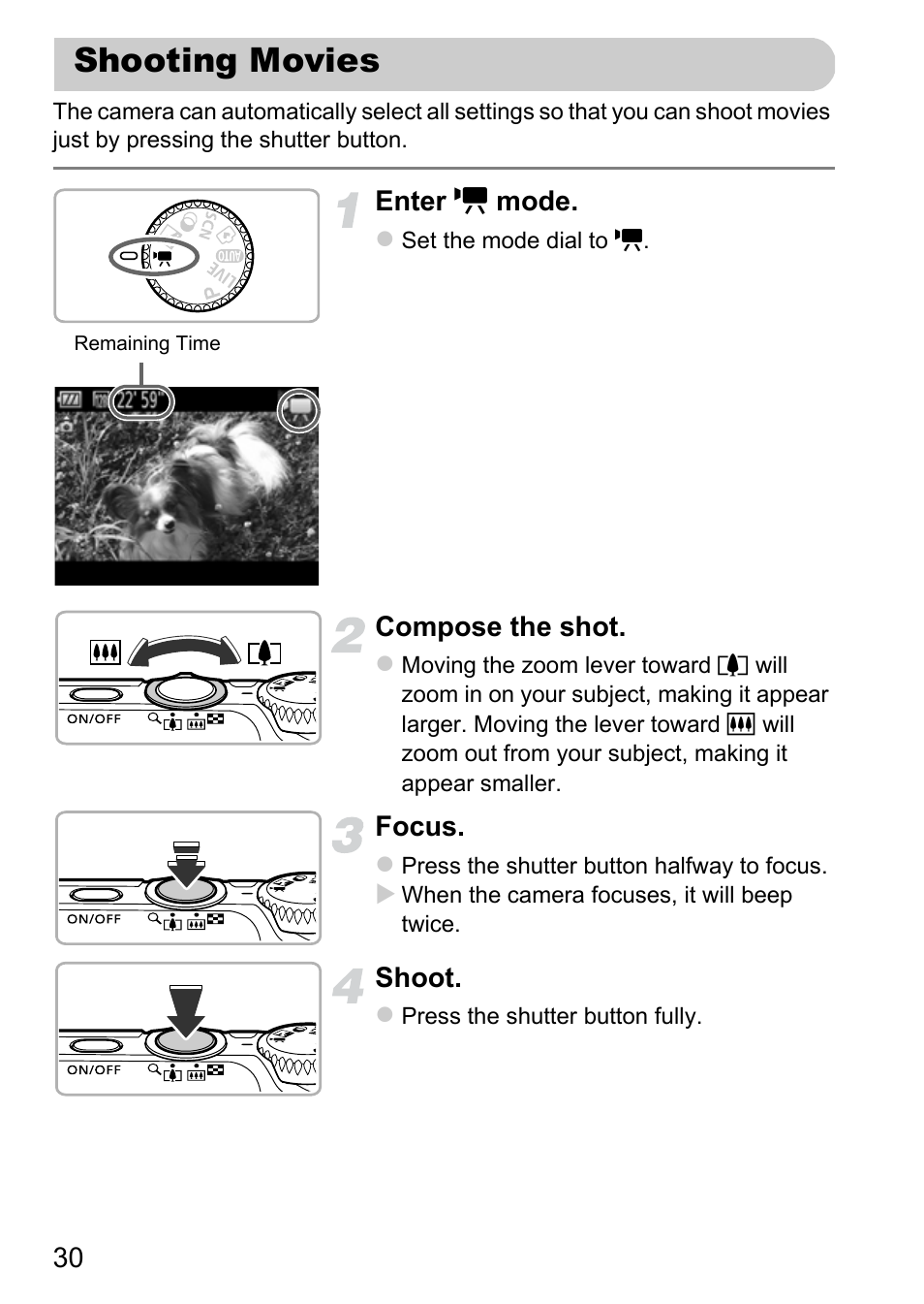 Shooting movies | Canon A3350 IS User Manual | Page 30 / 201