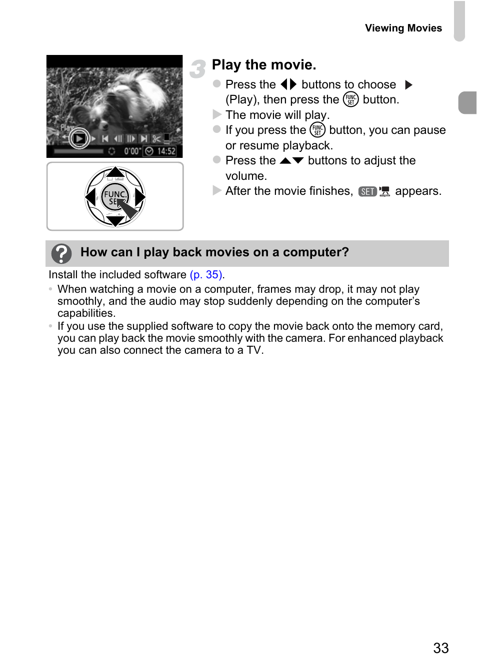 33 play the movie | Canon A3350 IS User Manual | Page 33 / 201