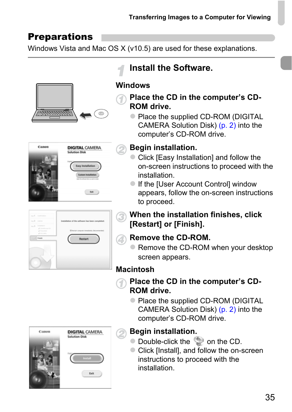 Preparations, Install the software | Canon A3350 IS User Manual | Page 35 / 201