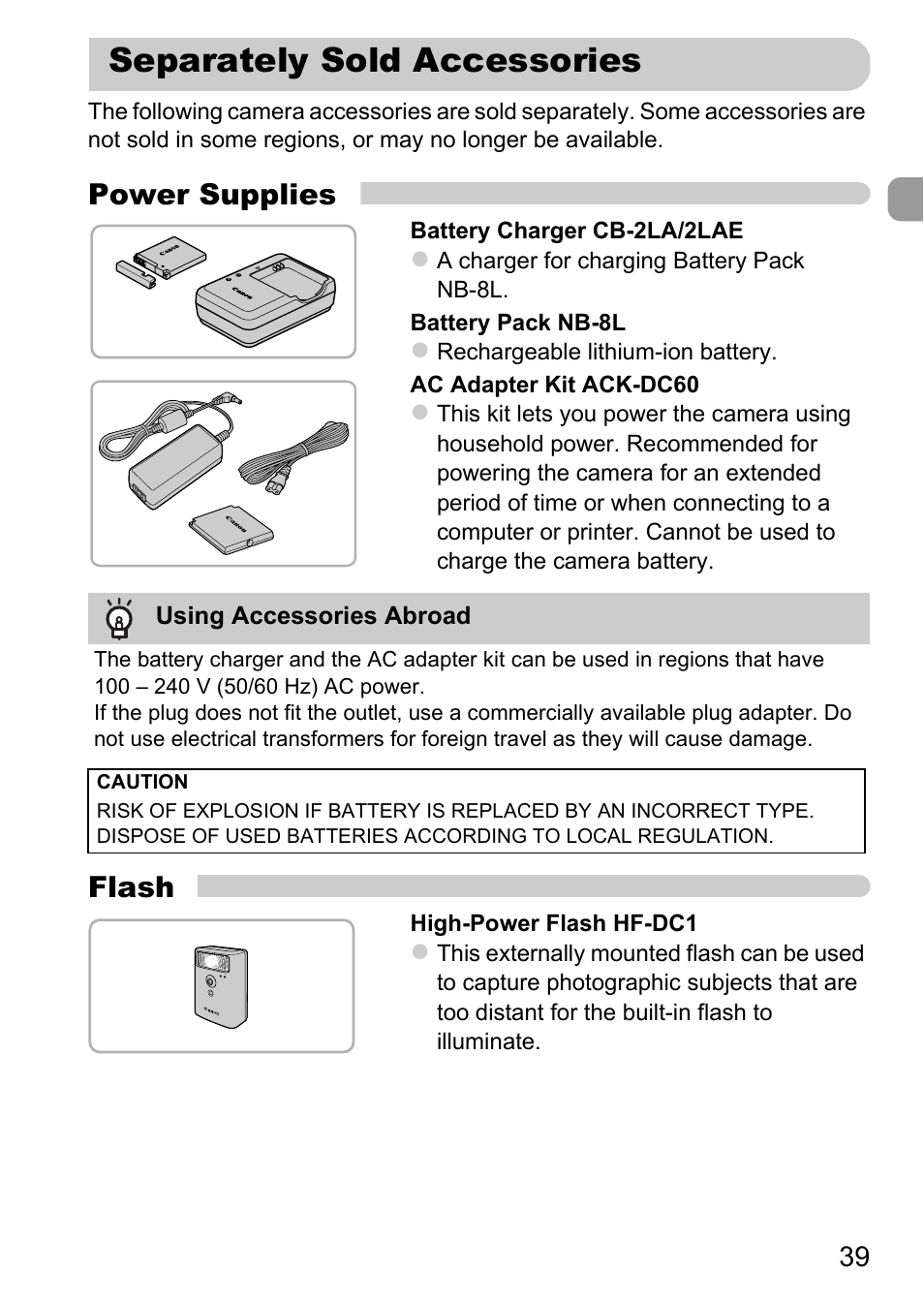 Separately sold accessories, P. 39, Power supplies | Flash | Canon A3350 IS User Manual | Page 39 / 201