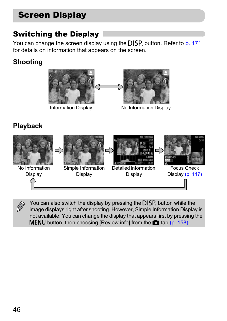 Screen display, Pp. 46, Tton | P. 46), Switching the display, Shooting playback | Canon A3350 IS User Manual | Page 46 / 201