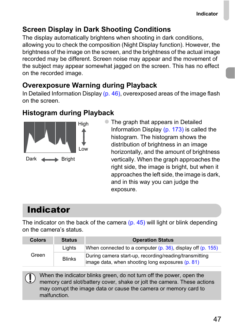 Indicator, P. 47), 47 screen display in dark shooting conditions | Overexposure warning during playback, Histogram during playback | Canon A3350 IS User Manual | Page 47 / 201