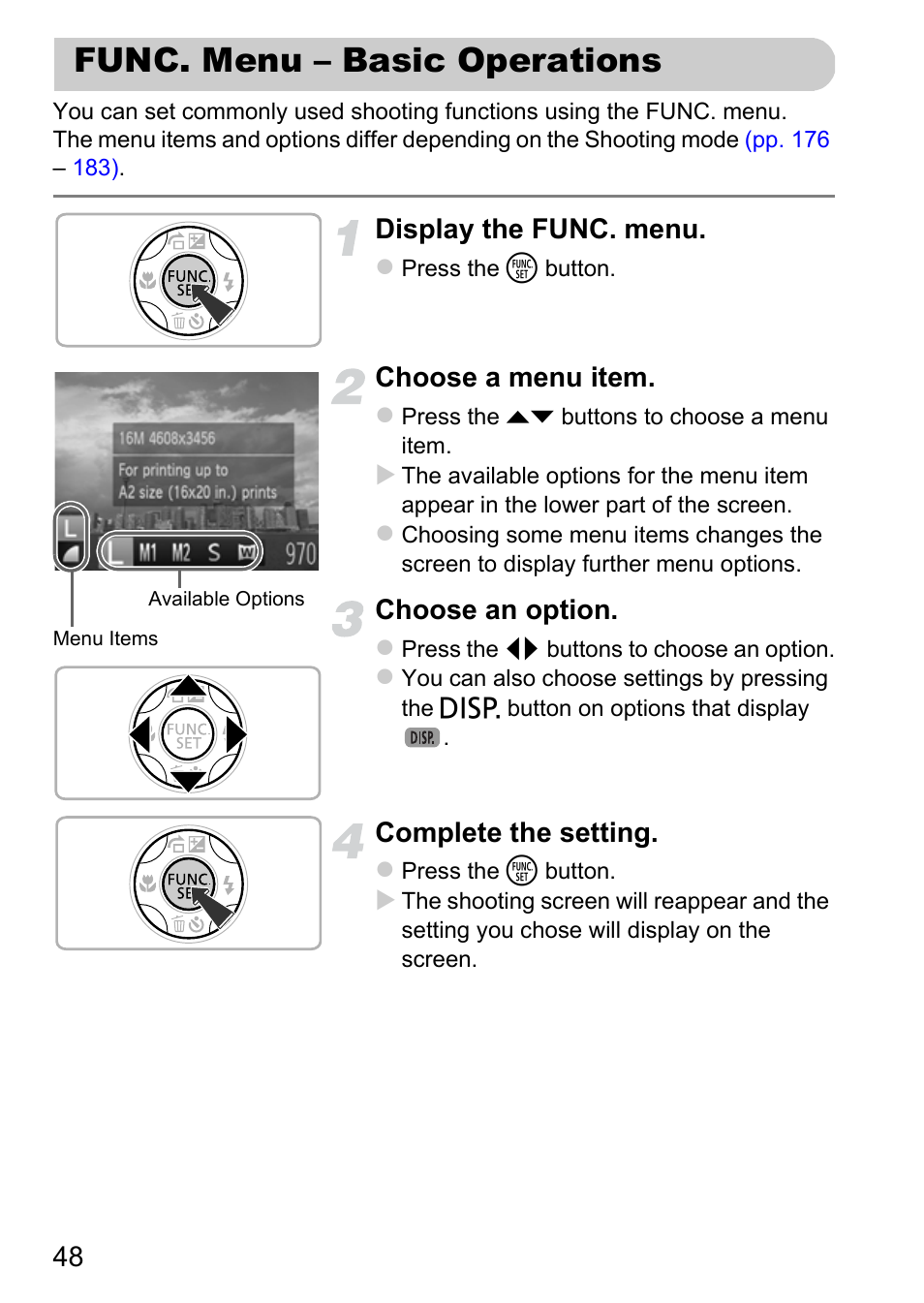 Func. menu - basic operations, Func. menu – basic operations, P. 48) | Display the func. menu, Choose a menu item, Choose an option, Complete the setting | Canon A3350 IS User Manual | Page 48 / 201