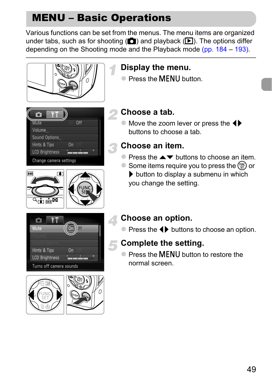 Menu - basic operations, Menu – basic operations, P. 49) | Canon A3350 IS User Manual | Page 49 / 201