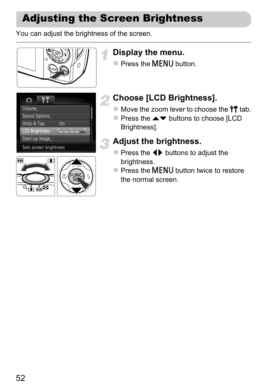 Adjusting the screen brightness | Canon A3350 IS User Manual | Page 52 / 201