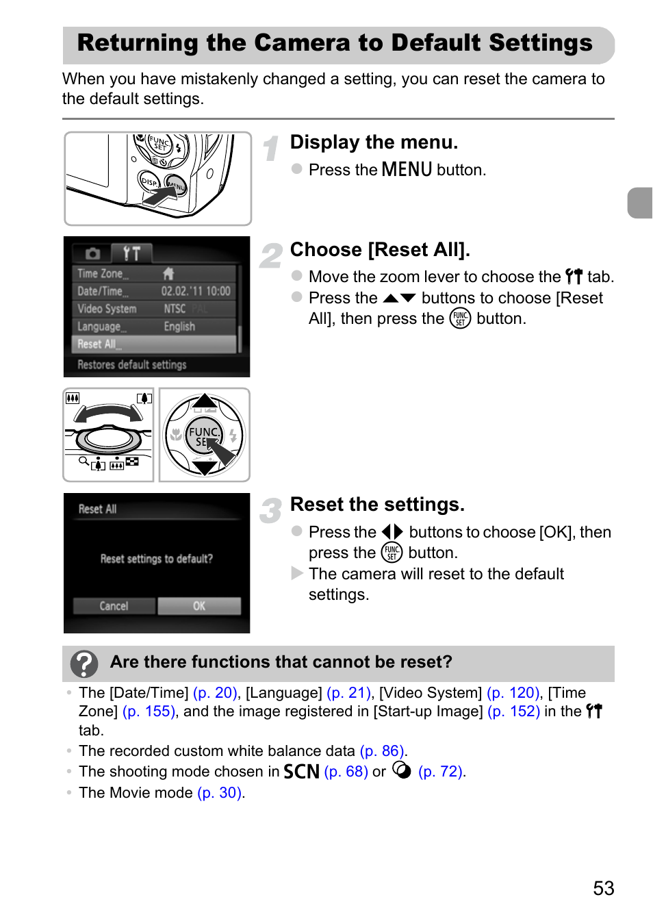 Returning the camera to default settings, Returning the camera to default, Settings | Display the menu, Choose [reset all, Reset the settings | Canon A3350 IS User Manual | Page 53 / 201