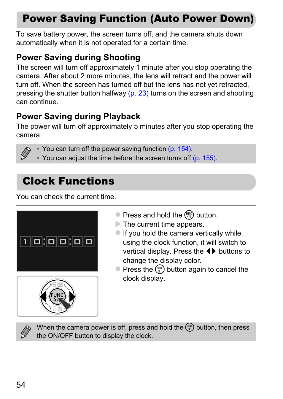 Power saving function (auto power down), Clock functions, Power saving function | Auto power down), Power saving during shooting, Power saving during playback | Canon A3350 IS User Manual | Page 54 / 201