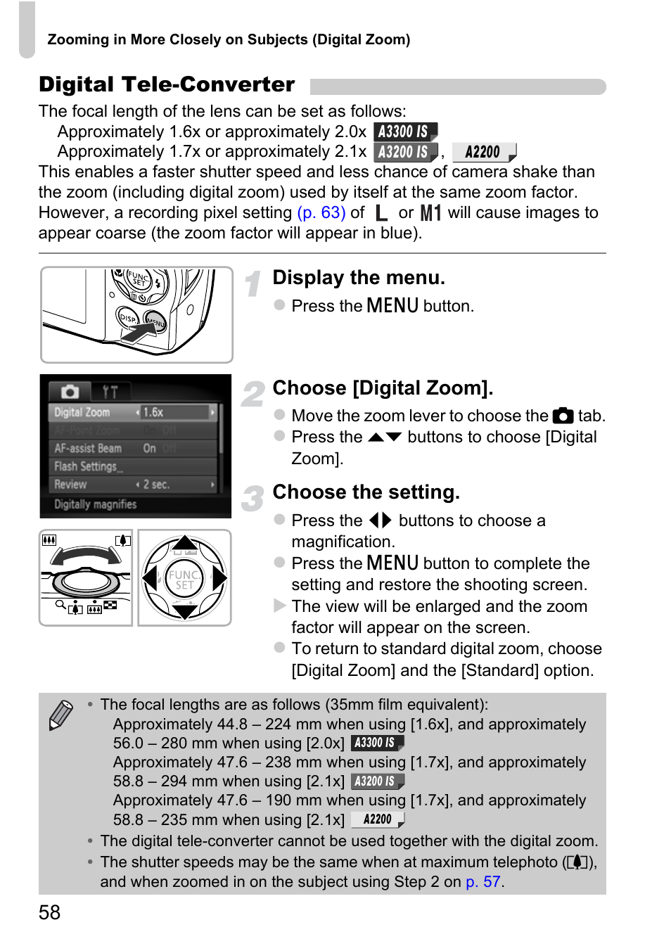 Digital tele-converter, Display the menu, Choose [digital zoom | Choose the setting | Canon A3350 IS User Manual | Page 58 / 201