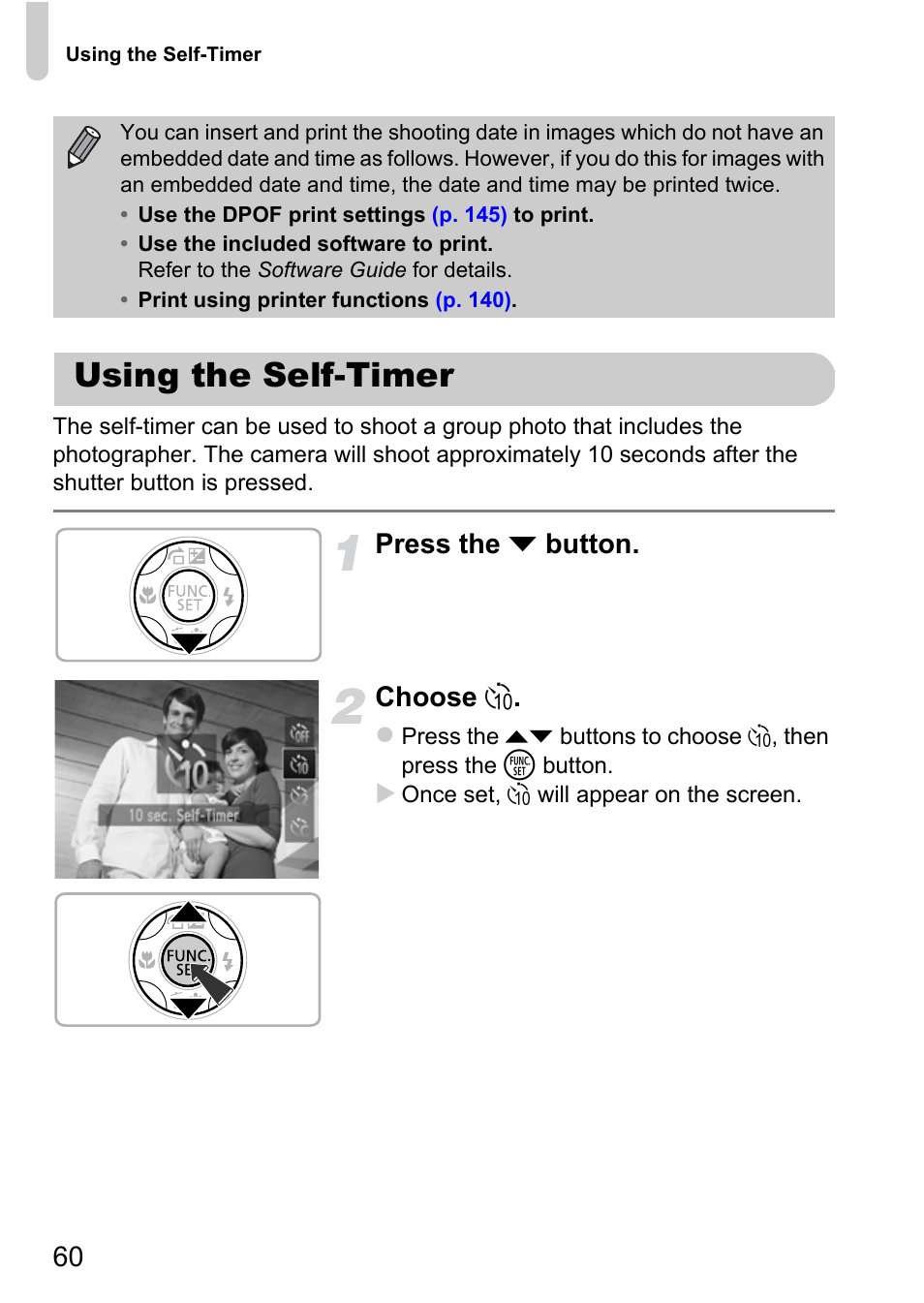 Using the self-timer, Pp. 60, Self-timer) | Press the p button. choose ò | Canon A3350 IS User Manual | Page 60 / 201