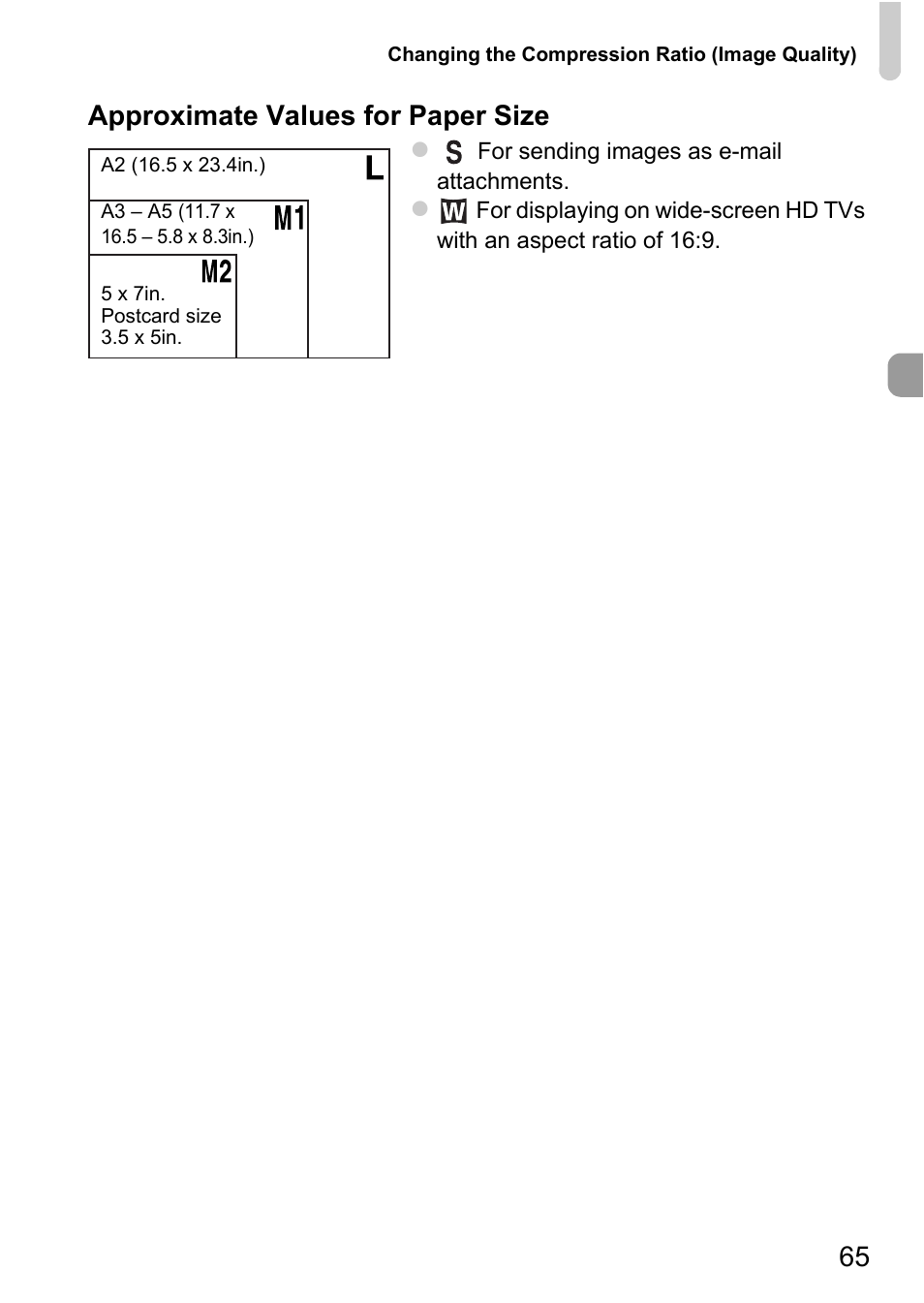 65 approximate values for paper size | Canon A3350 IS User Manual | Page 65 / 201
