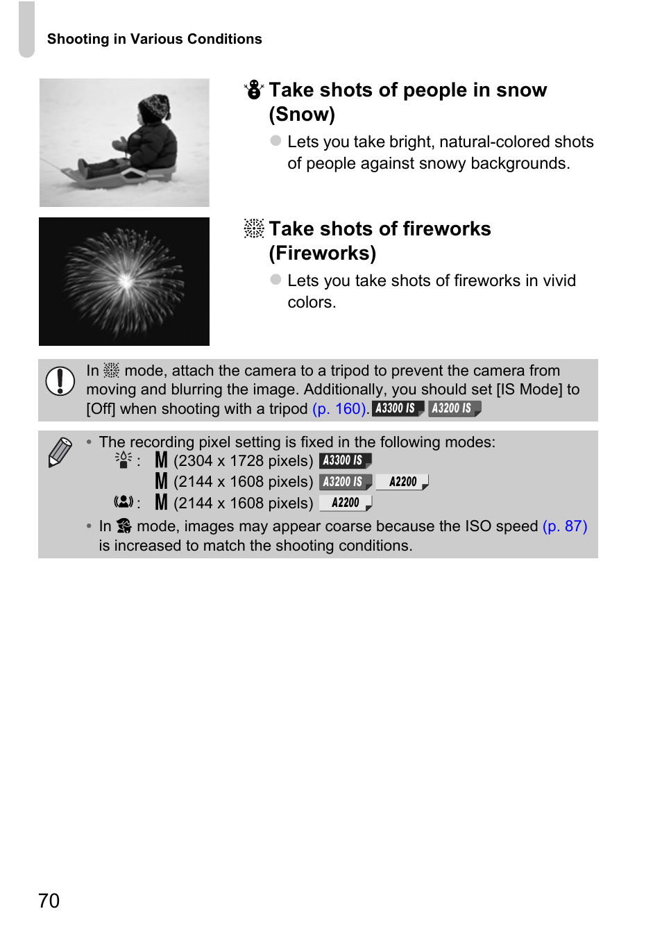 P. 70), 70 p take shots of people in snow (snow), T take shots of fireworks (fireworks) | Canon A3350 IS User Manual | Page 70 / 201