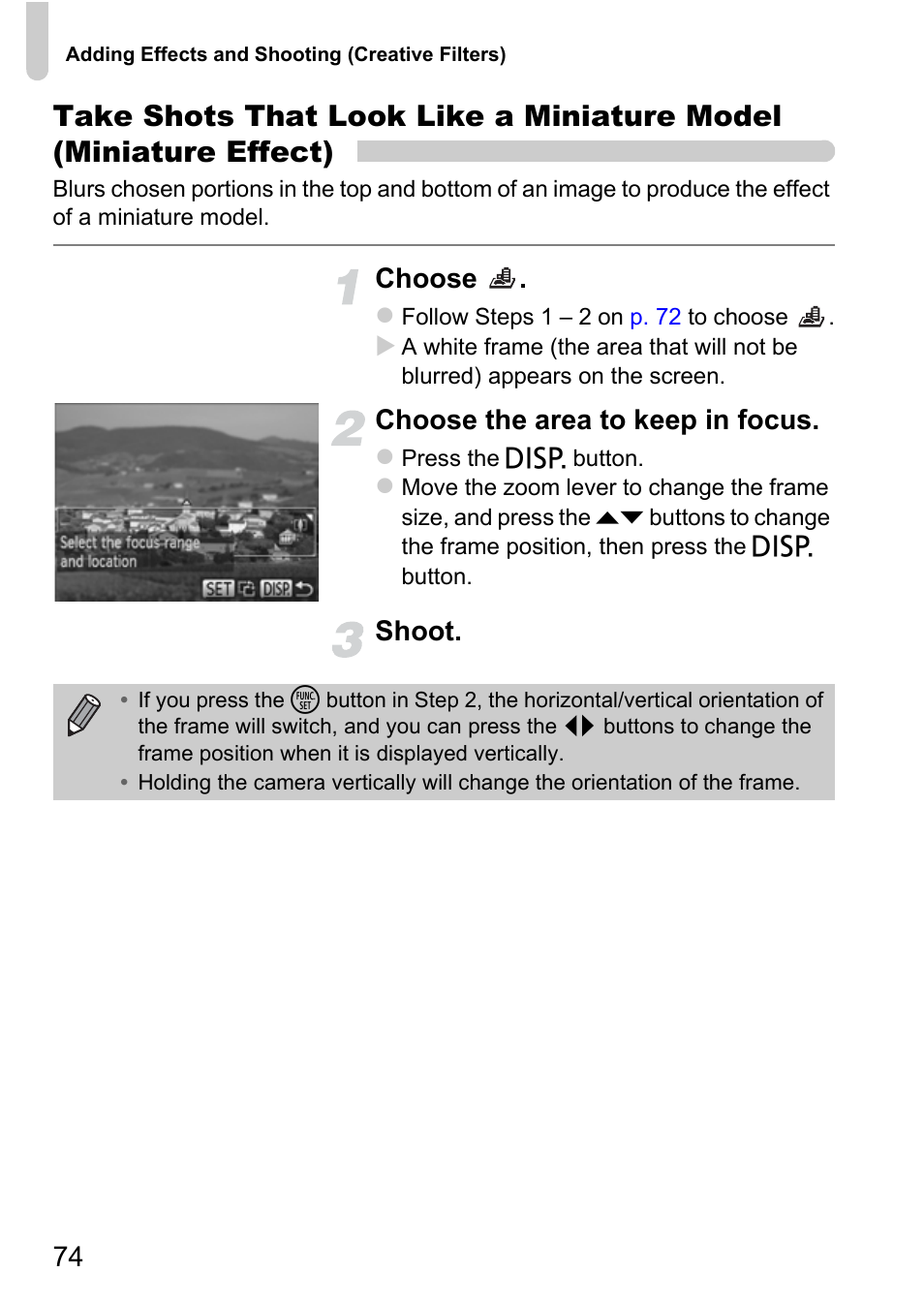 P. 74), Choose, Choose the area to keep in focus | Shoot | Canon A3350 IS User Manual | Page 74 / 201