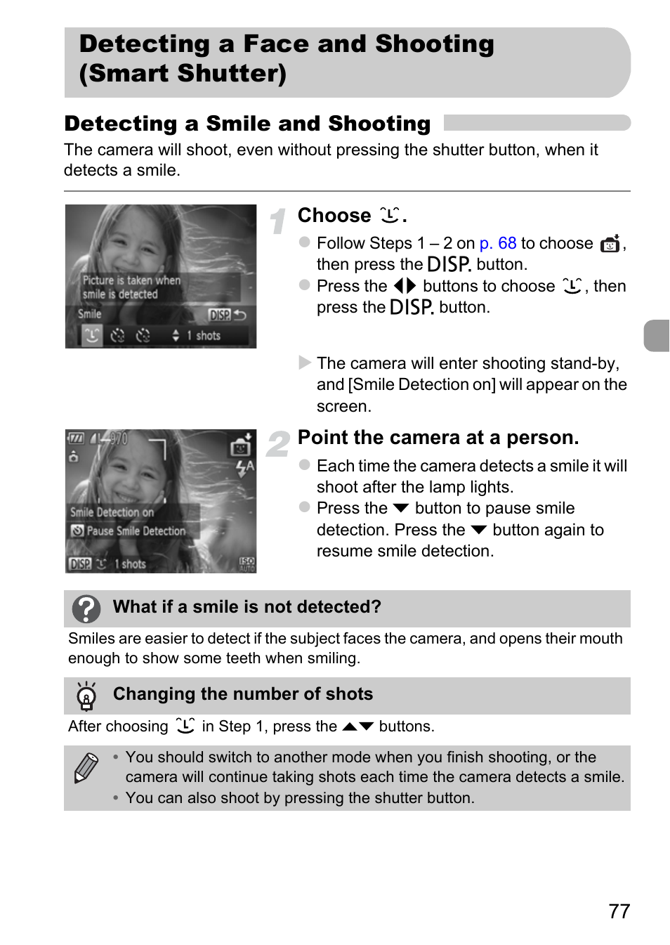 Detecting a face and shooting (smart shutter), Detecting a face and shooting, Smart shutter) | Detecting a smile and shooting, Choose, Point the camera at a person | Canon A3350 IS User Manual | Page 77 / 201