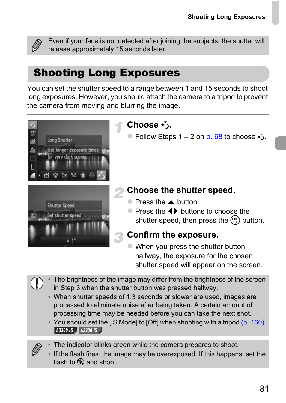 Shooting long exposures, P. 81), Choose | Choose the shutter speed, Confirm the exposure | Canon A3350 IS User Manual | Page 81 / 201