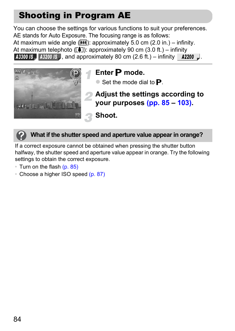 Shooting in program ae, Of pictures, P. 84) | Canon A3350 IS User Manual | Page 84 / 201