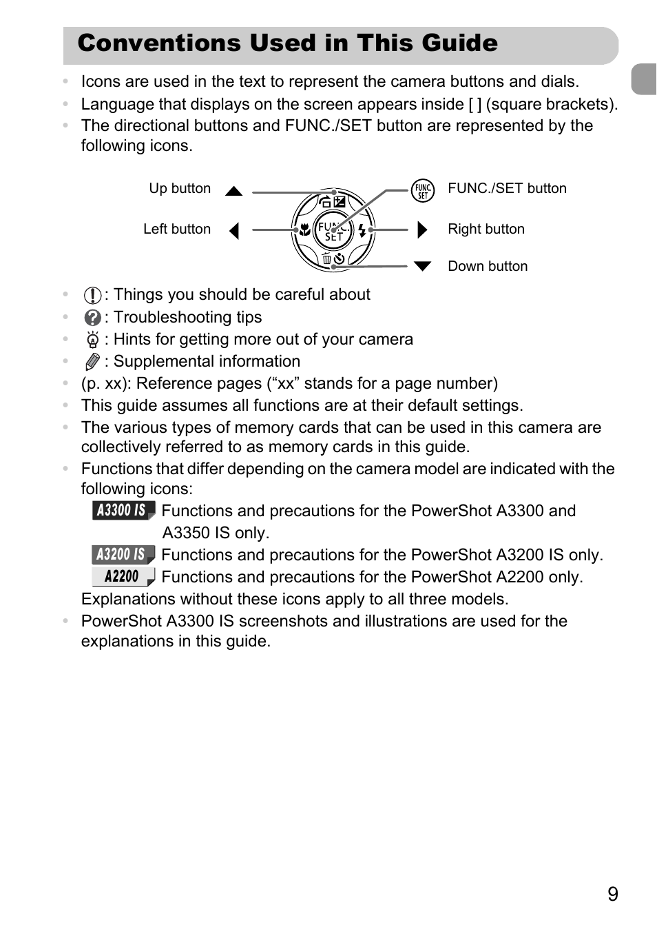 Conventions used in this guide | Canon A3350 IS User Manual | Page 9 / 201