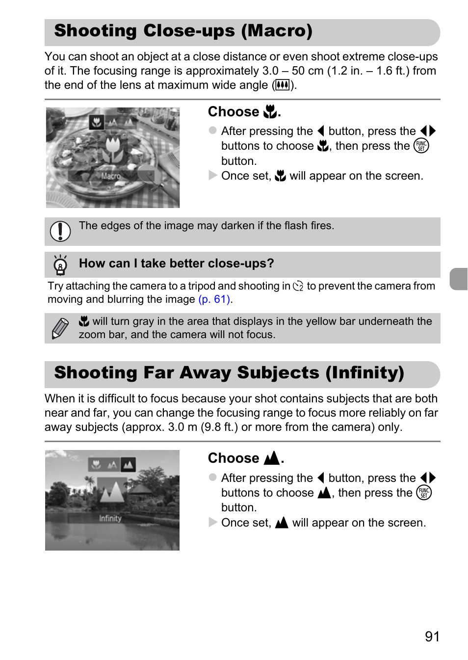 Shooting close-ups (macro), Shooting far away subjects (infinity), Infinity) | P. 91), Choose e, Choose u | Canon A3350 IS User Manual | Page 91 / 201